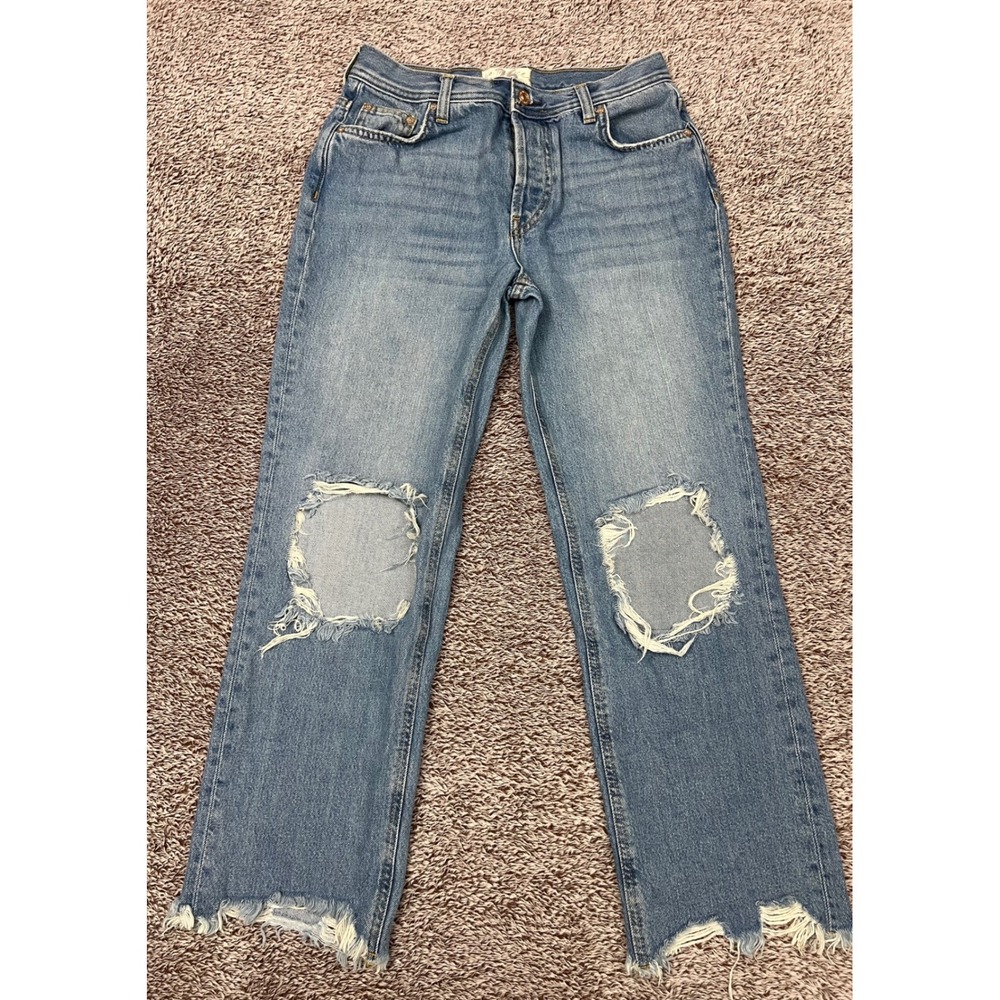 We The Free Maggie Jeans 26 Distressed Straight Leg Button Fly Raw Hem OB832365